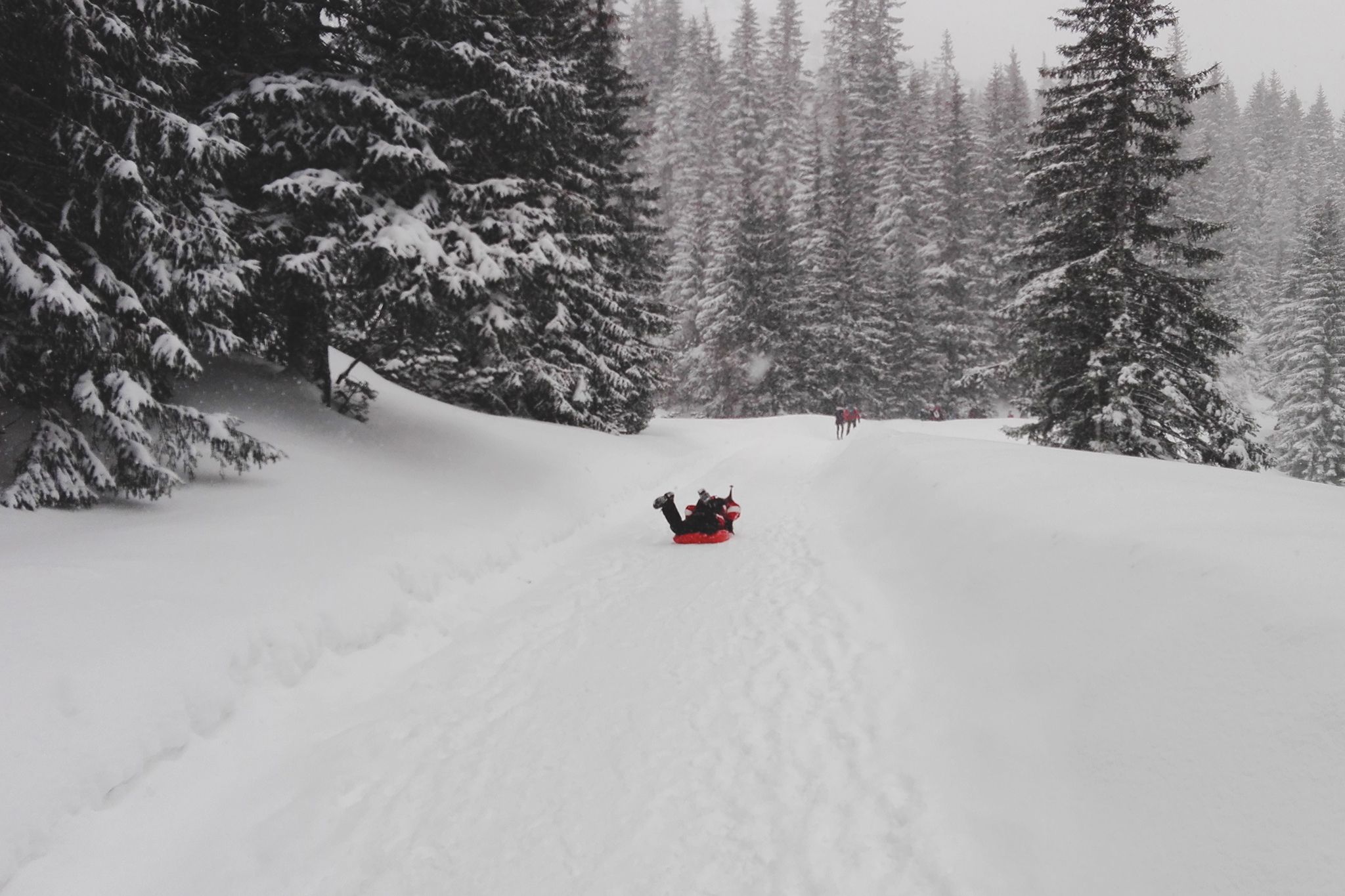 A Man Sliding Down The Mountain On A Belly