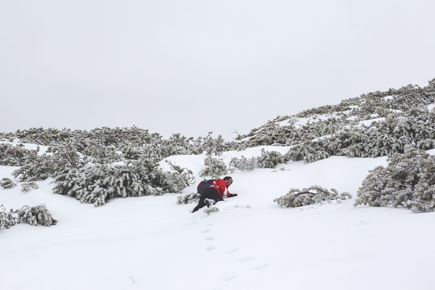 Hiker Climbing Steep Snowy Mountain Wall
